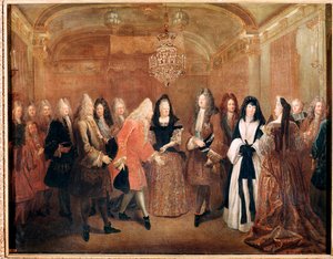 König von Frankreich Ludwig XIV. empfängt den Prinzen Friedrich August I. im Schloss von Fontainebleau von Louis de Silvestre