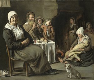 Bauerninterieur mit einem alten Flötenspieler