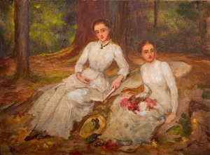 Zwei Frauen in Weiß sitzen in einem bewaldeten Hain, 1900 von Louisa Starr