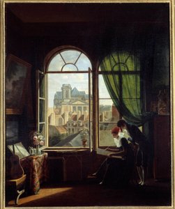 Künstlerinterieur mit Blick auf die Fassade der Kirche Saint Eustache in Paris von Louise Adeone Drolling