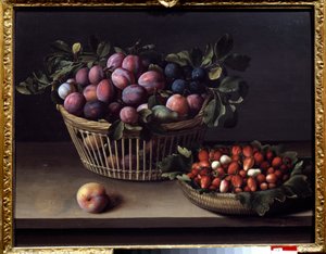 Ein Pfirsich, Erdbeeren und ein Korb mit Früchten von Louise Moillon