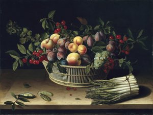 Stillleben mit einem Korb voller Früchte und einem Bund Spargel, 1630 von Louise Moillon