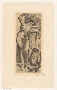 Weiblicher Akt mit Fächer in der Hand und rechts von ihr eine zusammengekauerte Figur von Lovis Corinth (signed by artist)