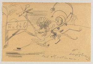 Zeichnung auf bedrucktem Papier von Corinth an Strathmann