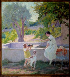 Madame Prat und ihre Tochter im Garten mit der kleinen Ziege von Loys Prat