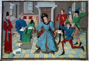 Ankunft eines Miniaturboten aus dem Manuskript „Renaud de Montauban“ oder „Les quatre fils Aymon“ von Loyset Liedet (aktiv zwischen 1448 und 1478). Ms. 5073. 15. Jahrhundert Bibliothèque de l