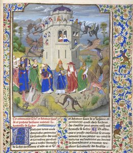 Festung des Glaubens Miniatur der Heiligen Gregor, Augustinus, Hieronymus und Ambrosius, die Dämonen bekämpfen, Spätes 15. Jahrhundert von Loyset Liedet