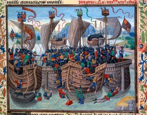 Ansicht der Schlacht von Guernsey zwischen Franzosen und Engländern im Jahr 1342 (Miniatur von Loyset Liedet) von Loyset Liedet
