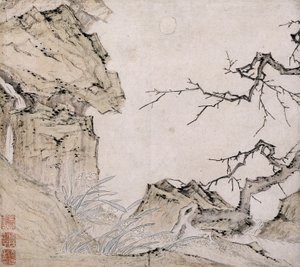 Narzissus, Pflaumenbaum in einer Landschaft