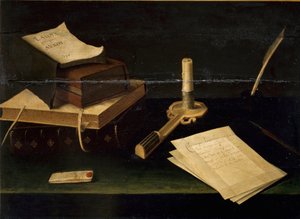 Stillleben mit Büchern, Feder, Brief und Kerze von Lubin Baugin