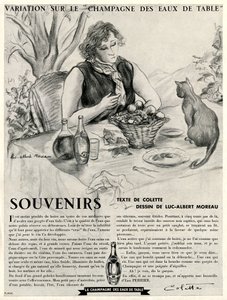 Colette vor ihrer Katze, die die Vorzüge von Perrier lobt von Luc Albert Moreau