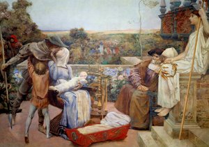 Die Familie Eine reiche Familie im Mittelalter, die Mutter hält das Kind in ihren Armen und küsst ihren Mann. Dekoration aus dem Hotel Watel-Dehaynin in Paris. Gemälde auf Putz von Luc Olivier Merson (1846-1920) 1901 Paris, Museum