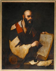 Philosoph zeichnet geometrische Figuren mit einem Zirkel