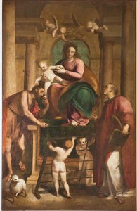Genua, Duomo (St. Laurentius Kathedrale), innen, Taufkapelle (ehemals Kirche St. Johannes der Alte): "Madonna mit Kind zwischen St. Johannes dem Täufer und St. Laurentius", von Luca Cambiaso, Öl auf Holz von Luca Cambiaso