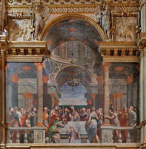Genua, Duomo (St. Laurentius-Kathedrale), innen, Lercari-Kapelle oder Kapelle des Allerheiligsten Sakraments (nördliche Apsis), Nordseite: "Darstellung im Tempel", Fresko von Luca Cambiaso von Luca Cambiaso