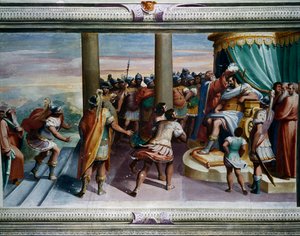 Der Raub der Sabinerinnen, von Luca Cambiaso, Fresko, Villa Imperiale, Genua, Ligurien, Italien (Detail) von Luca Cambiaso