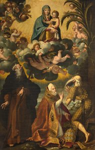 Altar des Heiligen Antonius, Madonna und Kind mit den Heiligen Antonius Abt, Paulus Eremit und Papst Gregor XIV von Luca Cattapane
