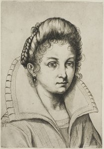 Porträtbüste einer Frau mit großem Kragen, aus Perfekte Schule zum Erlernen des gesamten menschlichen Körpers (englische Übersetzung) von Luca Ciamberlano