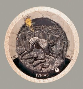 Juni: ein Bauer erntet den Weizen. Terrakotta von Luca della Robbia von Luca Della Robbia