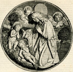 Madonna in Anbetung des Kindes mit dem kleinen Johannes dem Täufer und Engeln, von Luca della Robbia (1399/1400-1482), Prato, Toskana, Italien, Holzschnitt aus Le cento città d