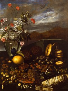 Stillleben mit Trockenfrüchten, Blumen und Landschaft, von Luca Forte (1610-1670) von Luca Forte