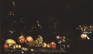 Stillleben mit Früchten, Blumen, einem Falken und einem Stieglitz von Luca Forte