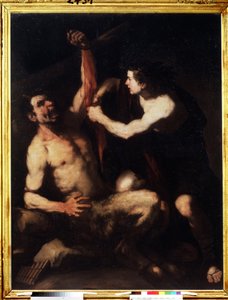 Apollon und Marsyas. Apollon, nachdem er den Wettstreit gegen Marsyas gewonnen hat, lässt ihn häuten und wirft ihn dann in eine Höhle. Gemälde von Luca Giordano (1632-1705) von Luca Giordano