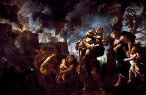 Aeneas flieht aus Troja. Aeneas trägt Anchises und flieht aus der von den Achäern eroberten Stadt. Gemälde von Luca Giordano (1634-1705) von Luca Giordano