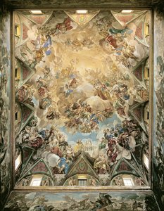 Die himmlische Herrlichkeit und der Triumph der Habsburger, von der Decke über der großen Treppe von Luca Giordano