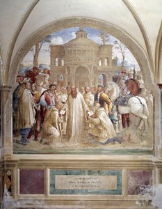 Benedikt sendet Maurus nach Frankreich und Placidus nach Sizilien. Fresko des Kreuzgangs von Luca Signorelli, das das Leben des heiligen Benedikt von Nursia (480-567) erzählt