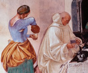 Benedikt sagte den Mönchen, wo und wann sie außerhalb des Klosters aßen (Detail). Kreuzgangfresko von Luca Signorelli (ca. 1445-1523), das das Leben des heiligen Benedikt von Nursia (480 - 567) erzählt, Gründer des Benediktinerordens 1497-1498 Abtei von Mo