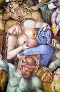 Verdammte in der Hölle, Selbstporträt von Luca Signorelli als blauer Dämon (Detail) von Luca Signorelli