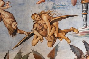 Verdammt zur Hölle, Detail des fliegenden Dämons, der einen wohlhabenden Sünder auf seinen Schultern trägt und grinsend zurückblickt, offensichtlich zufrieden mit der Beute