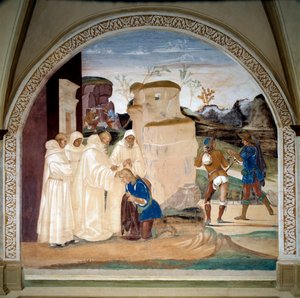 Leben des heiligen Benedikt von Nursia (ca. 480-547): Benedikt ermahnt den Bruder des Mönchs Valerian, der sein Fasten gebrochen hat (Fresko von Luca Signorelli) von Luca Signorelli