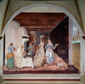 Leben des heiligen Benedikt von Nursia (ca. 480-547): Wie Benedikt den Mönchen sagte, wo und wann sie außerhalb des Klosters essen sollten (Fresko) von Luca Signorelli