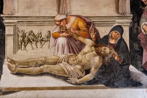 Das Innere, Cappella Nova oder Kapelle des Hl. Brizio, Kapelle der Heiligen Leiber: "Beweinung des toten Christus" zwischen den beiden Heiligen von Orvieto (S. Parenzo rechts und S. Faustino links), von Luca Signorelli von Luca Signorelli