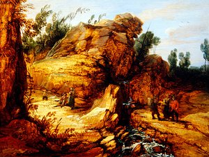 Bauern ruhen sich an einem Gebirgsbach aus von Lucas Achtschellinck