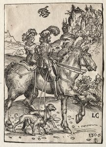Ein Herr und eine Dame reiten zur Jagd