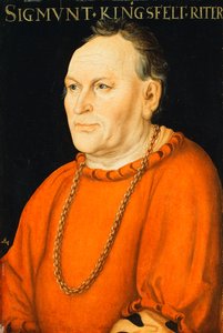 Porträt von Sigmunt Kingsfelt, halblang, in einem roten Kostüm von Lucas Cranach