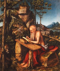 Der heilige Hieronymus schreibt in einer felsigen Landschaft, ca. 1515