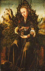 Heilige Maria Magdalena, sitzend auf einer grasbewachsenen Böschung in einer bergigen Landschaft von Lucas Cranach