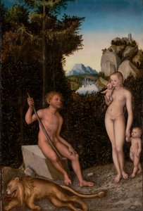 Ein Faun und seine Familie mit einem erlegten Löwen