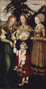 Altarbild mit dem Martyrium der Heiligen Katharina, linker Flügel: Die Heiligen Dorothea, Agnes und Kunigunde von Lucas Cranach the Elder