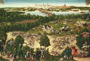 Jagd zu Ehren von Kaiser Karl V. nahe Schloss Hartenfels, Torgau, 1544 von Lucas Cranach the Elder