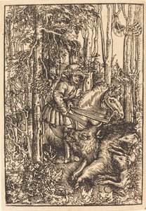 Jäger zu Pferd jagt einen Wildschwein