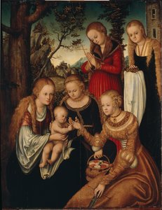 Die Jungfrau und das Kind mit den Heiligen Katharina, Dorothea, Margareta und Barbara (sogenannte Heirat der St) von Lucas Cranach the Elder