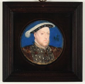 König Heinrich VIII. in einem grauen Wams und Pelzmantel