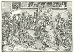 Das Turnier mit dem Wandteppich von Samson und dem Löwen von Lucas the Elder (after) Cranach