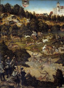 Jagd zu Ehren von Karl V. auf Schloss Torgau (Deutschland) (Detail). Der Kaiser ist wahrscheinlich ein Vertreter unten mit einer Armbrust. Gemälde von Lucas Cranach (1472-1553)