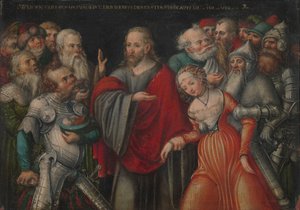 Christus und die Ehebrecherin von Lucas the Younger studio of Cranach
